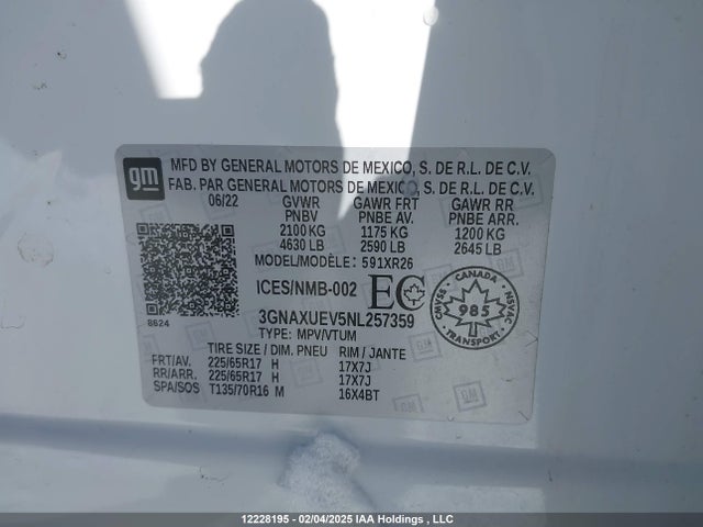 2022 Chevrolet Equinox Lt მანქანა იყიდება აუქციონზე, vin: 3GNAXUEV5NL257359, აუქციონის ნომერი: 12228195