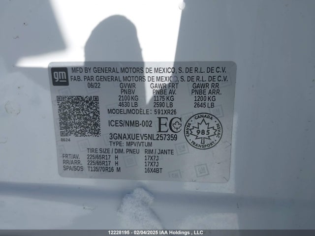 2022 Chevrolet Equinox Lt მანქანა იყიდება აუქციონზე, vin: 3GNAXUEV5NL257359, აუქციონის ნომერი: 12228195
