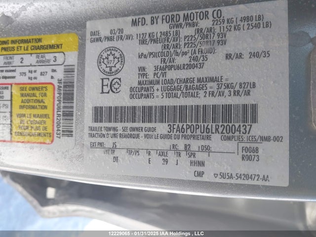 Продаж на аукціоні авто 2020 Ford Fusion Energi Sel, vin: 3FA6P0PU6LR200437, номер лоту: 12229065