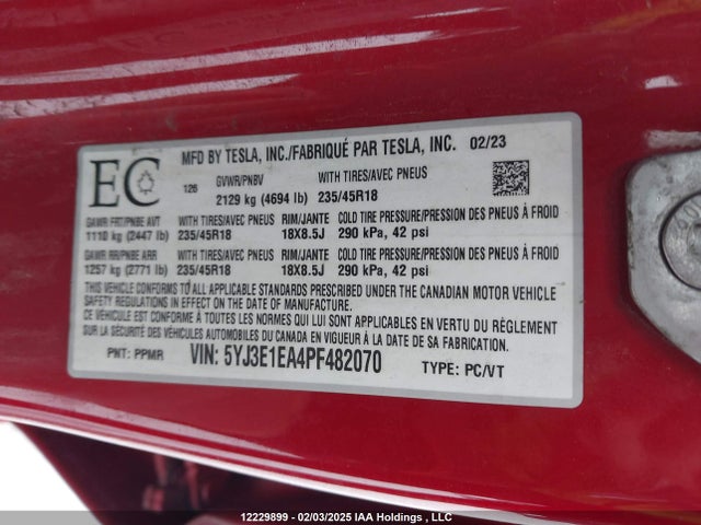 5YJ3E1EA4PF482070 Tesla MODEL 3