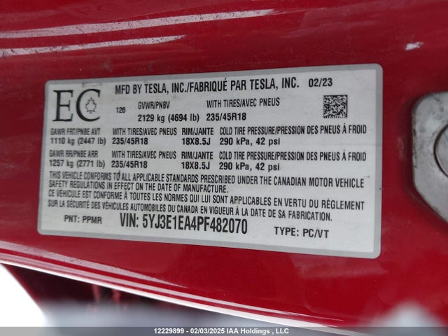 5YJ3E1EA4PF482070 Tesla MODEL 3
