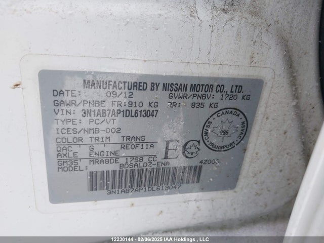12230144 :رقم المزاد ، 3N1AB7AP1DL613047 vin ، 2013 Nissan Sentra S/sv/sr/sl مزاد بيع