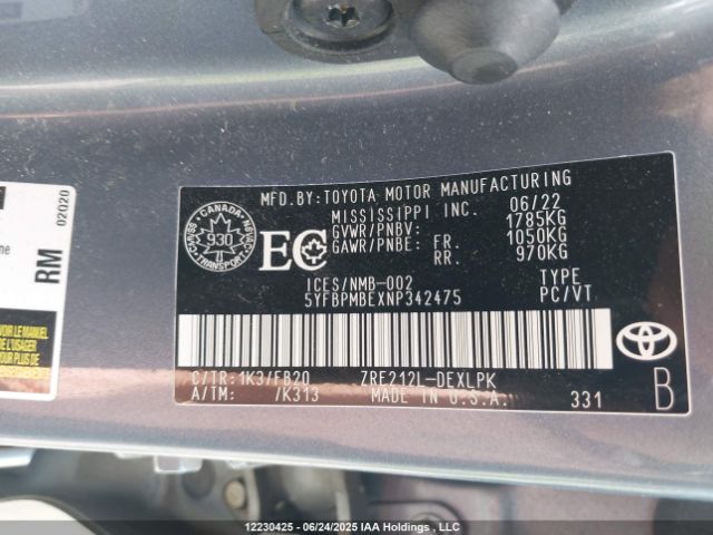 5YFBPMBEXNP342475 Toyota 2zr-fae