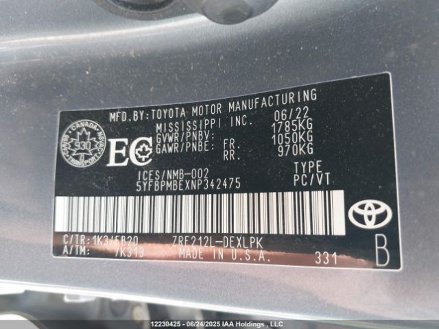 5YFBPMBEXNP342475 Toyota 2zr-fae