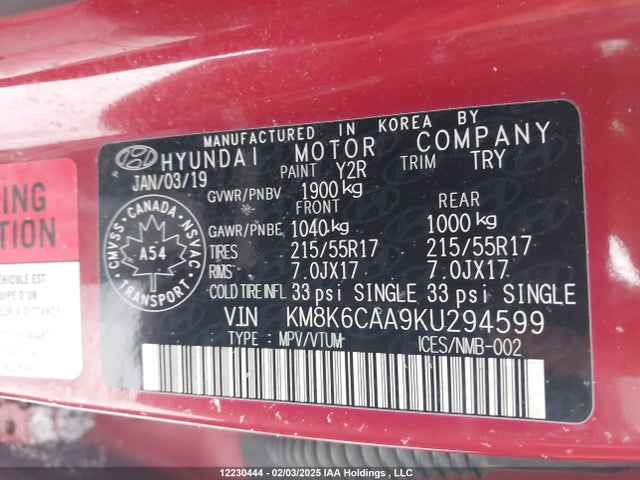 KM8K6CAA9KU294599 Hyundai Kona 2.0l Luxury