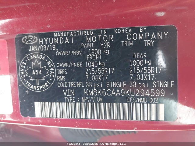 KM8K6CAA9KU294599 Hyundai Kona 2.0l Luxury