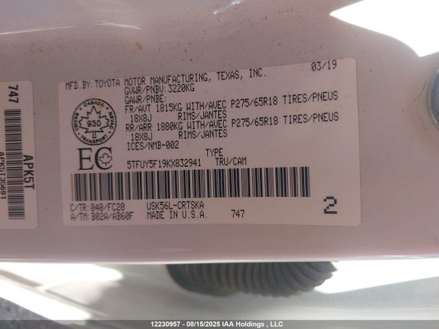 5TFUY5F19KX832941 Toyota 3ur-fe