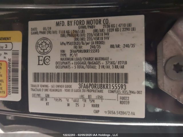 3FA6P0RU8KR155593 Ford Fusion Titanium
