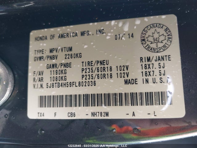 5J8TB4H59FL802036 Acura j35z2