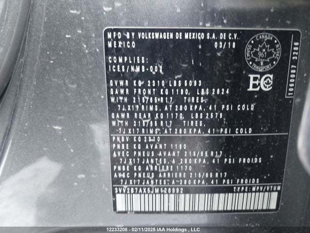 Volkswagen Tiguan 2018 3VV2B7AX5JM126992 Image 18