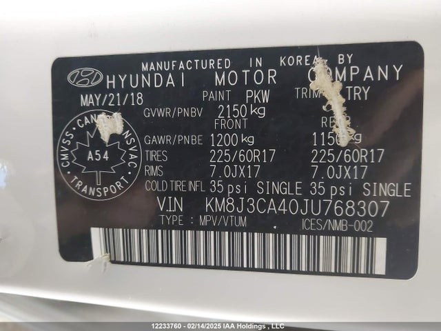 12233760 :رقم المزاد ، KM8J3CA40JU768307 vin ، 2018 Hyundai Tucson Se 2.0l مزاد بيع