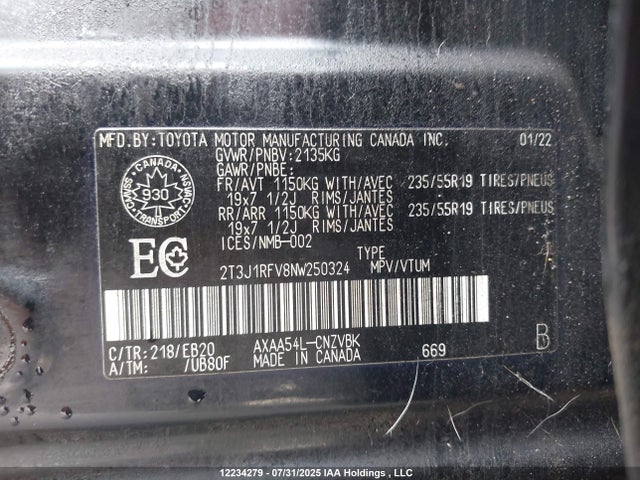 2T3J1RFV8NW250324 Toyota a25a-fks