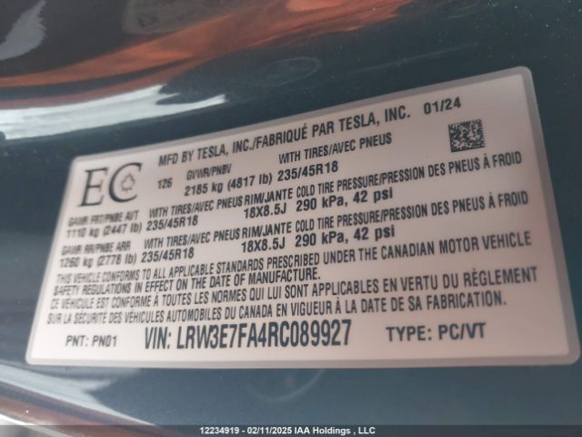LRW3E7FA4RC089927 Tesla MODEL 3