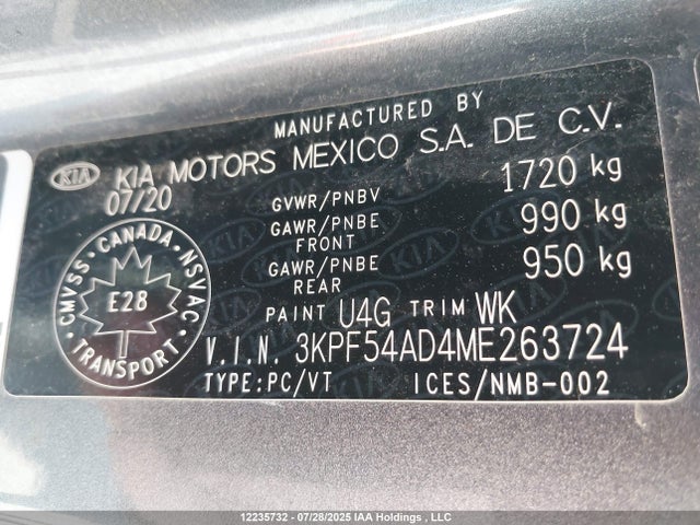 3KPF54AD4ME263724 KIA mpi nu