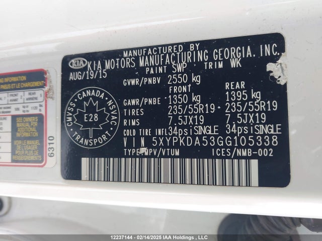 5XYPKDA53GG105338 KIA SORENTO SX