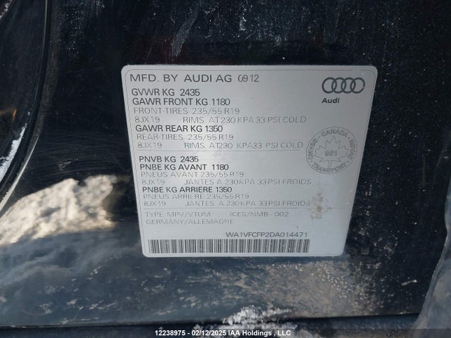 Aukcja sprzedaży 2013 Audi Q5, vin: WA1VFCFP2DA014471, numer aukcji: 12238975