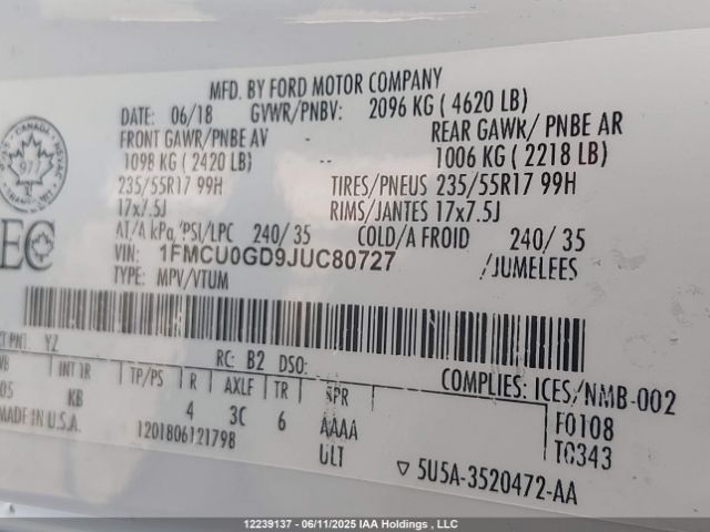 1FMCU0GD9JUC80727 Ford 1.5l gtdi sigma w/premium fuel