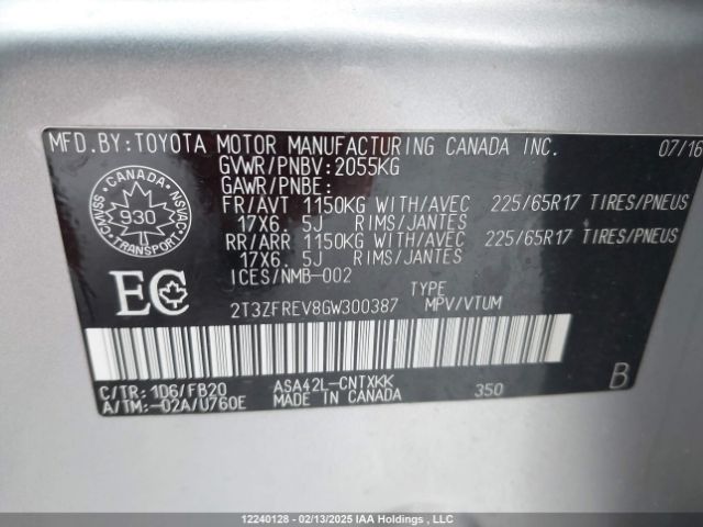 2T3ZFREV8GW300387 Toyota RAV4 LE