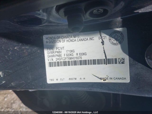 Honda l15b7 2021 2HGFC2F76MH016076 Image 9