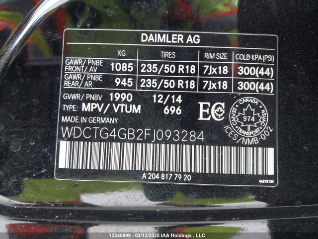 WDCTG4GB2FJ093284 Mercedes-Benz 2015
