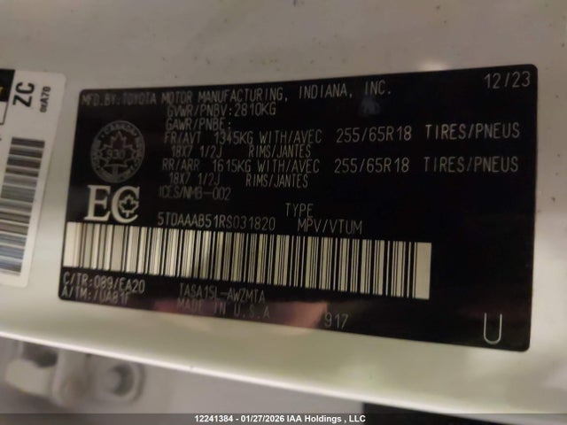 Aukcja sprzedaży 2024 Toyota Grand Highlander Xle, vin: 5TDAAAB51RS031820, numer aukcji: 12241384
