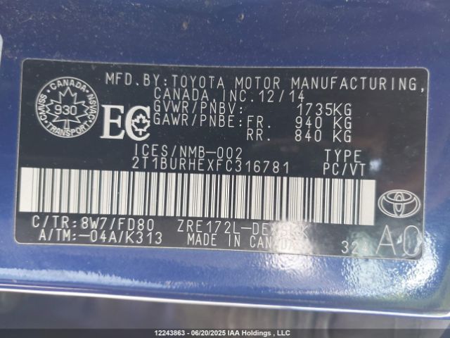 2T1BURHEXFC316781 Toyota 2zr-fe