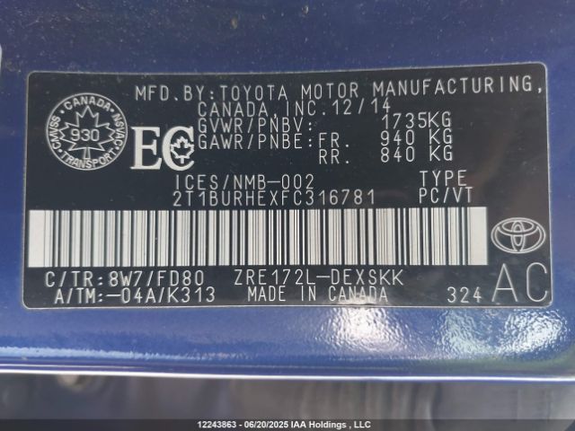 2T1BURHEXFC316781 Toyota 2zr-fe