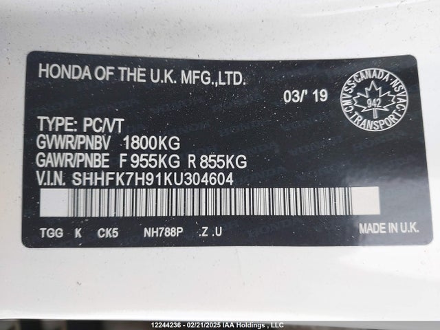 SHHFK7H91KU304604 Honda Civic Sport Touring