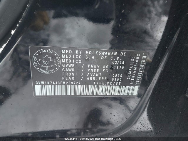 Продажа на аукционе авто 2015 Volkswagen Jetta S, vin: 3VW1K7AJ3FM299727, номер лота: 12244417