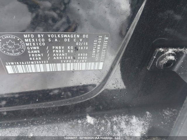 Продажа на аукционе авто 2015 Volkswagen Jetta S, vin: 3VW1K7AJ3FM299727, номер лота: 12244417