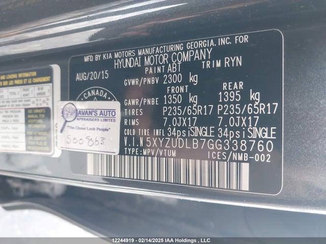 5XYZUDLB7GG338760 Hyundai gdi theta ii