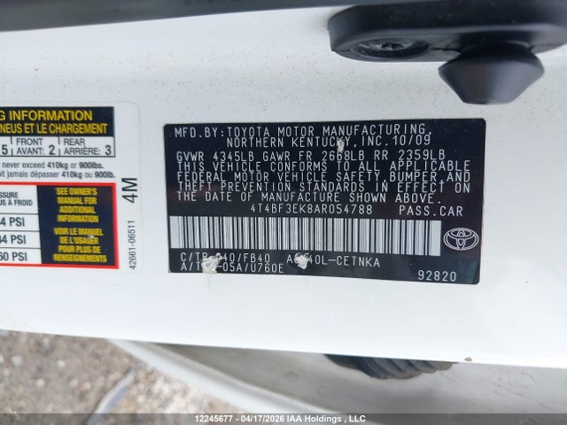 2010 Toyota Camry Se/le/xle მანქანა იყიდება აუქციონზე, vin: 4T4BF3EK8AR054788, აუქციონის ნომერი: 12245677