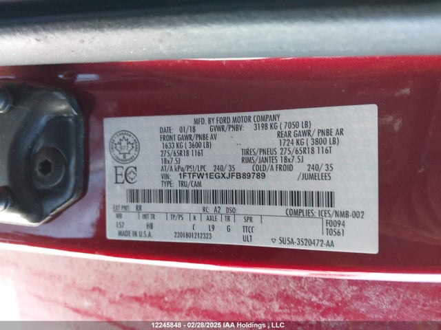1FTFW1EGXJFB89789 Ford F150 Supercrew