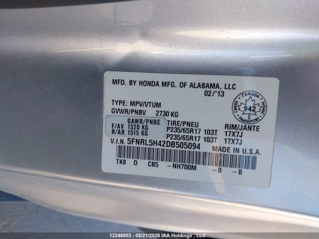 Aukcja sprzedaży 2013 Honda Odyssey Ex, vin: 5FNRL5H42DB505094, numer aukcji: 12246503