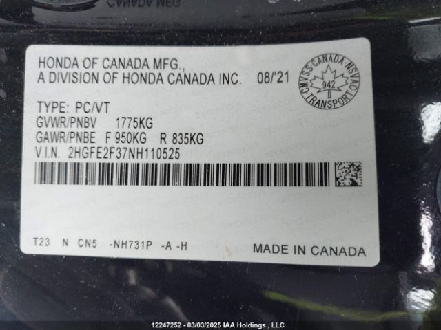 2HGFE2F37NH110525 Honda CIVIC EX