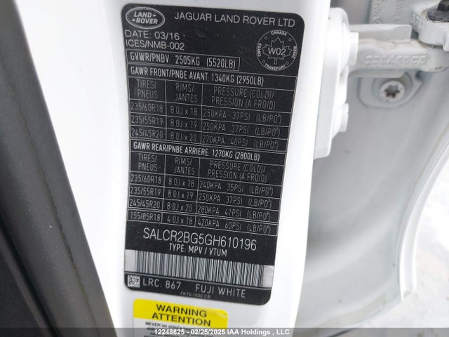 SALCR2BG5GH610196 Land Rover gtdi lev3 sulev30