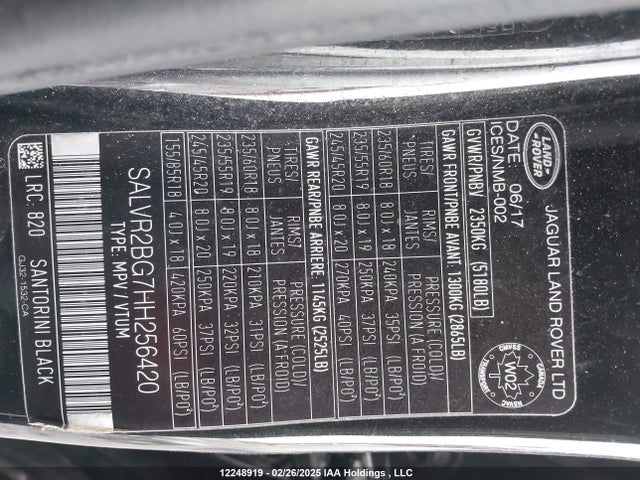 SALVR2BG7HH256420 Land Rover gtdi lev3 sulev30