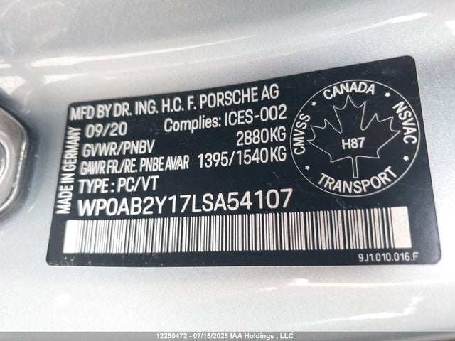 Porsche 2020 2020 WP0AB2Y17LSA54107 Image 9