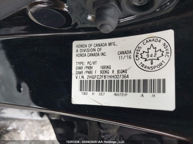 12251226 :رقم المزاد ، 2HGFC2F81HH007364 vin ، 2017 Honda Civic Ex مزاد بيع