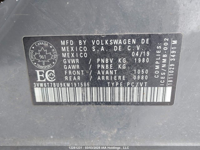 3VW6T7BU9KM191585 Volkswagen 2.0 tsi