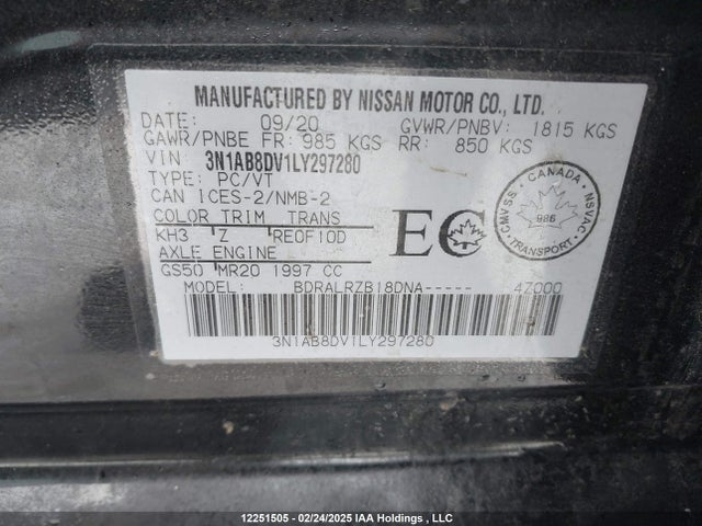 Продаж на аукціоні авто 2020 Nissan Sentra, vin: 3N1AB8DV1LY297280, номер лоту: 12251505