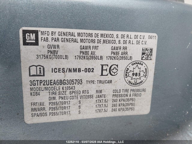 Aukcja sprzedaży 2011 Gmc Sierra K1500 Sl, vin: 3GTP2UEA6BG305793, numer aukcji: 12252110