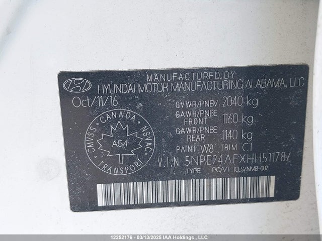 5NPE24AFXHH511787 Hyundai Sonata