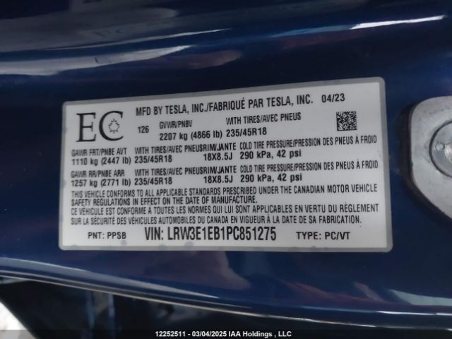 LRW3E1EB1PC851275 Tesla MODEL 3