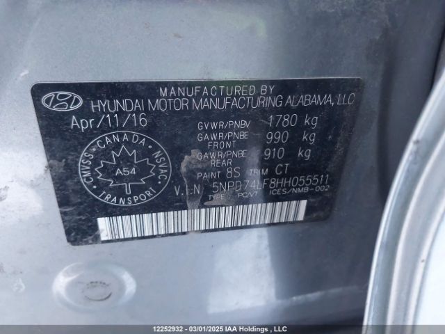 5NPD74LF8HH055511 Hyundai 2017
