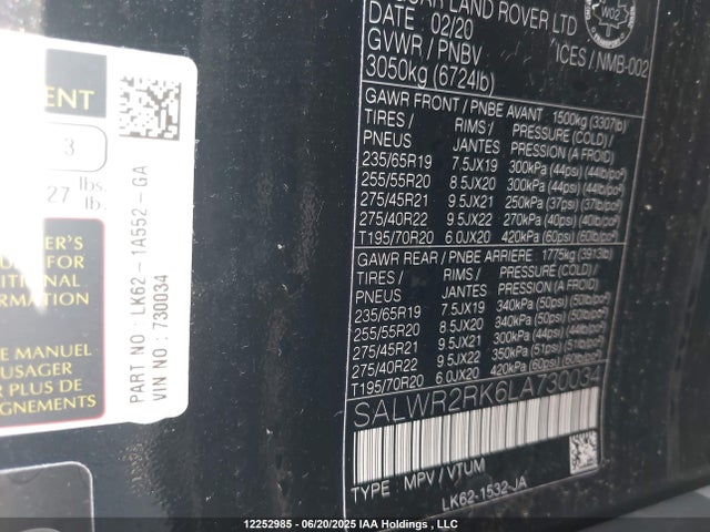 SALWR2RK6LA730034 Land Rover Range Rover Sport Hse