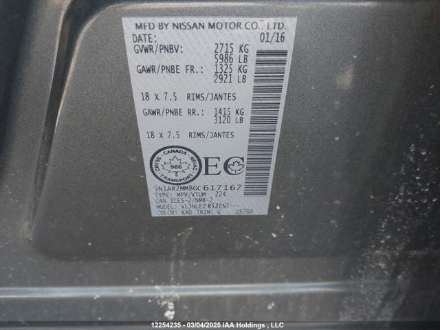 5N1AR2MM8GC617167 Nissan Pathfinder S/sv/sl/platinum