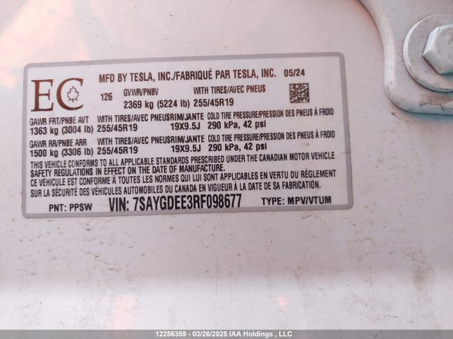 7SAYGDEE3RF098677 Tesla Model Y Long Range