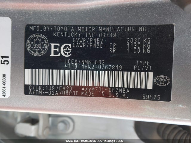 4T1B11HK2KU762819 Toyota Camry L/le/xle/se/xse