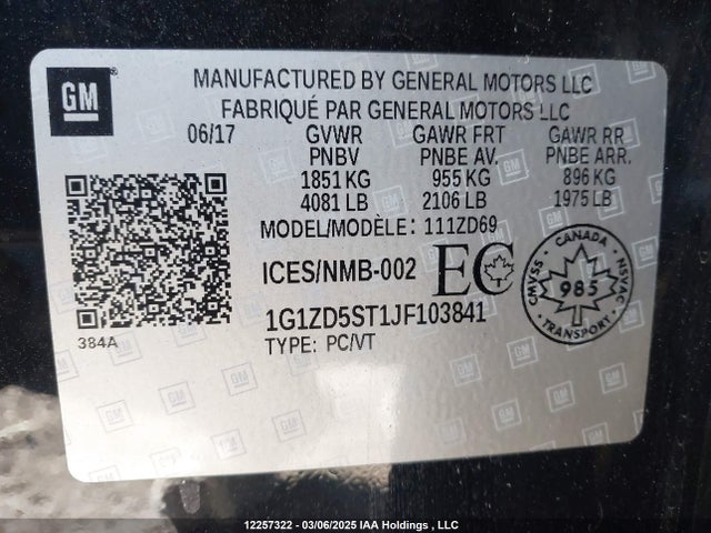 1G1ZD5ST1JF103841 Chevrolet lfv - direct injection, variable valve timing, gen 1